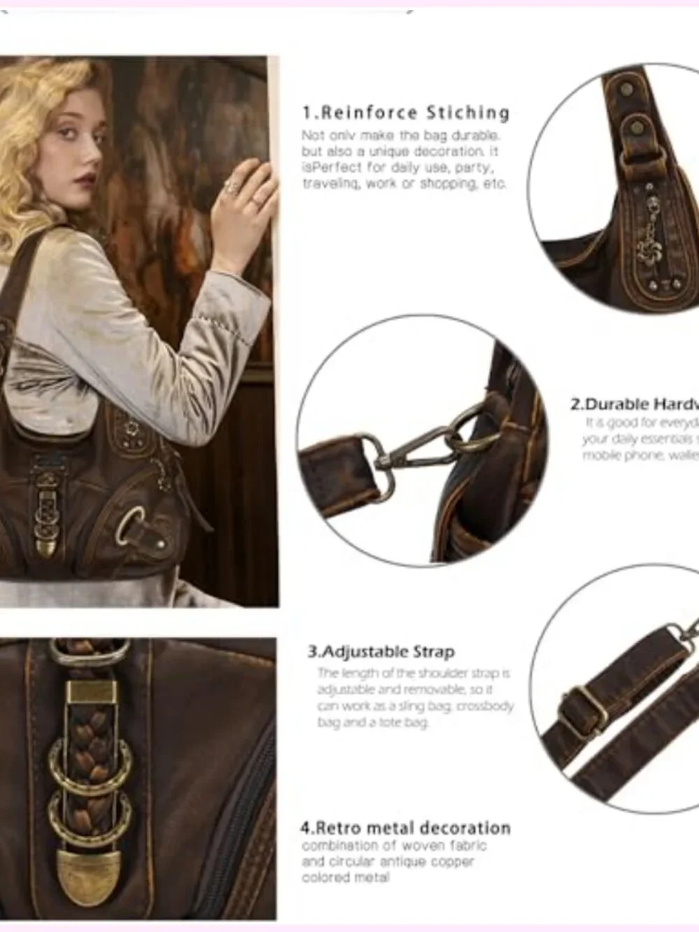 Faux Leather Hobo Handbag Satchel Large Shoulder Bag Convertible